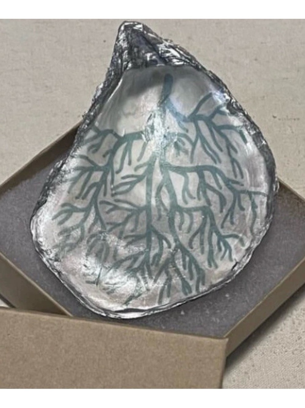Hand Painted Oyster Shell Sea Grass, Silver & Teal-New!